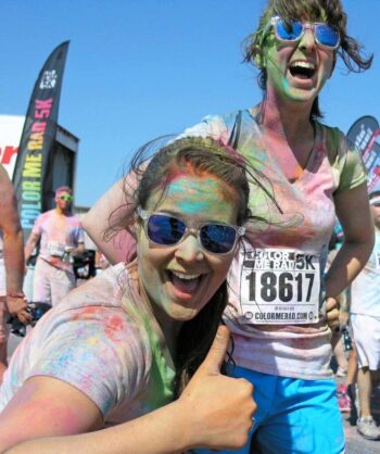 Phoebe (with friend Courtney) gives a thumbs up after getting dowsed repeatedly with color powder during a 5K "COLOR RUN". So fun, so cute, so totally RAD!