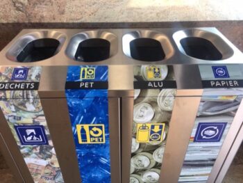 PAPER-ALUMINUM-PLASTIC-TRASH! It's a recycling receptacle that is both attractive and functional, and these are all over town. Hats off to the Swiss!