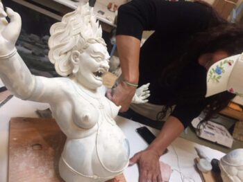 IS SHE TICKLISH? There were once 6 or more of these fierce deity sculptures in process. Created by artist, Joshua Mulder, these figures were to be set in baskets and hung in an upper chamber of the stupa. Sadly though, the sculptures were destroyed in 2020 when the Cameron Peak Fire burned the Visitors Center and workshop to the ground.